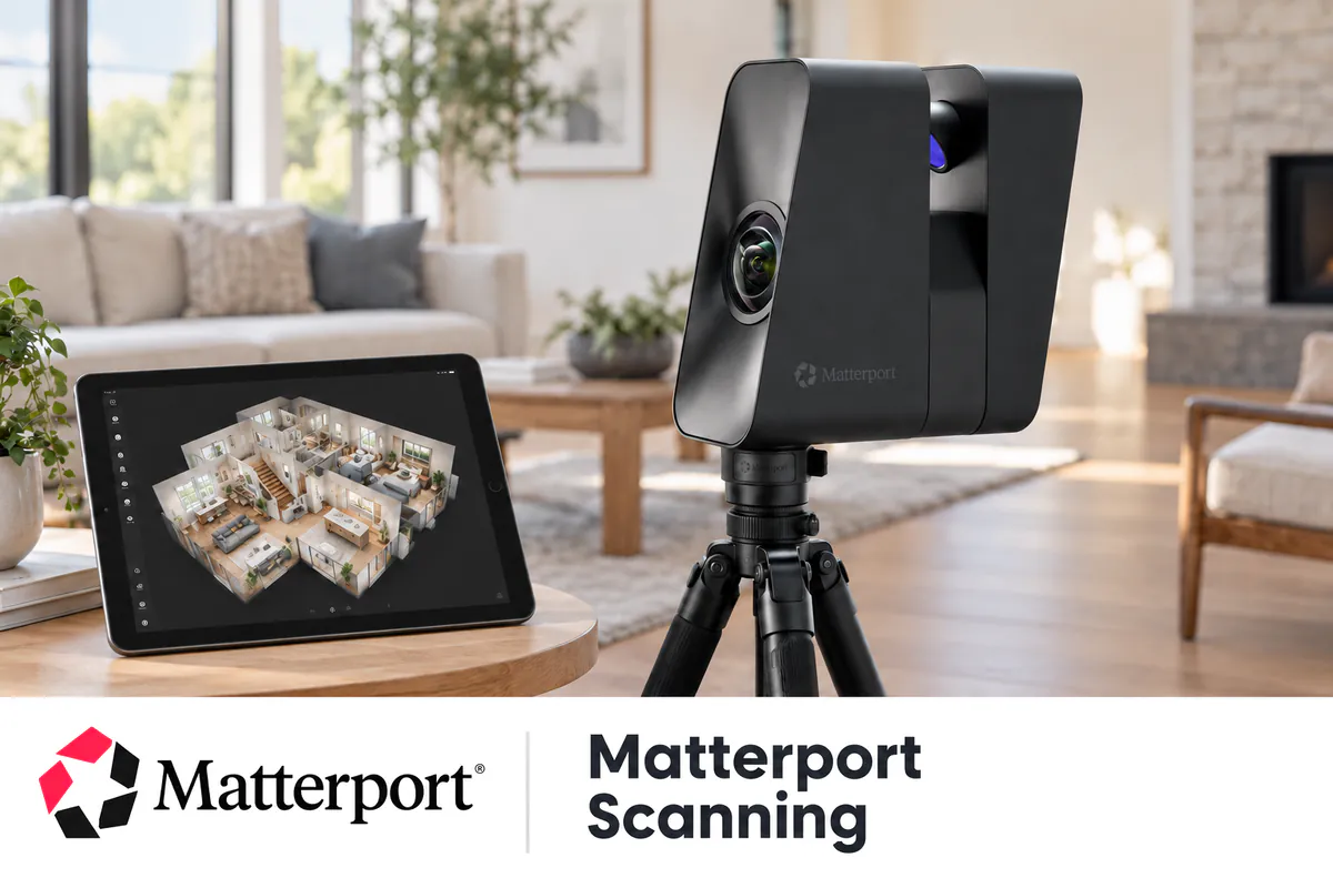 Matterport 3D camera on a tripod next to a tablet showing a 3D model of a home