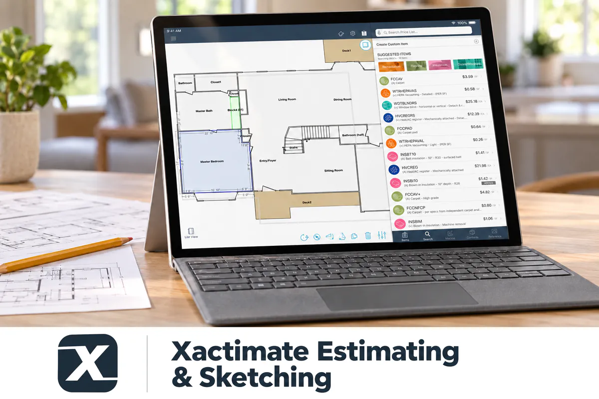 Xactimate floor plan sketch and estimate line items on a tablet